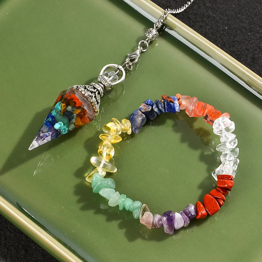 2pcs Spiritual Pendulum+Stone Bracelet Meditation Set, Used for Therapy, Chakra, Balance Meditation, Acupuncture Divination